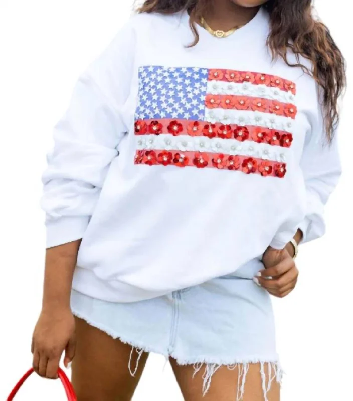 Flower American Flag Sweatshirt In White Hoodie with Hem Frayed Vintage Worn