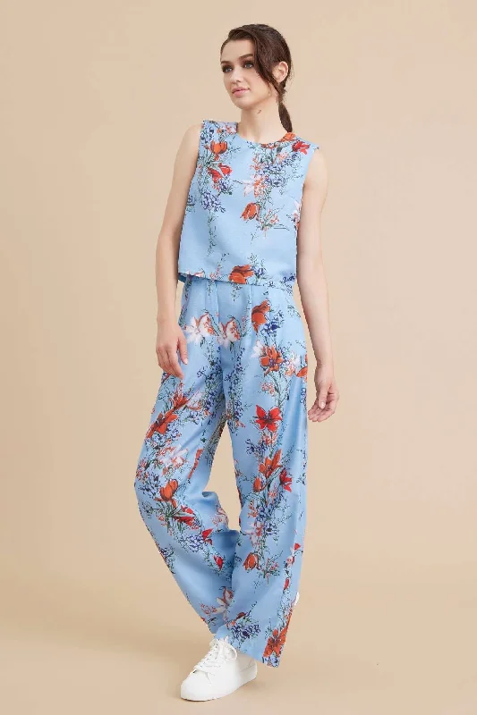 BLUE FLORAL PRINT TOP AND PANTS SET AMS612 Relaxed Lounge Trousers