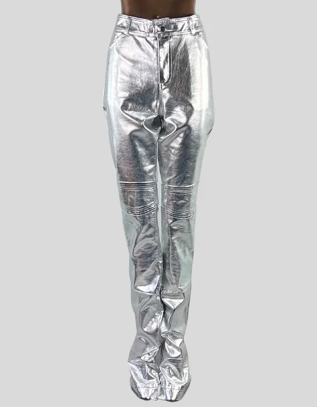 NYRVA Unisex Stacked Silver Surfer Metallic Leather Pants Stylish Elastic Waist Pants NYRVA Unisex Stacked Silver Surfer Metallic Leather Pants Stylish Elastic Waist Pants
