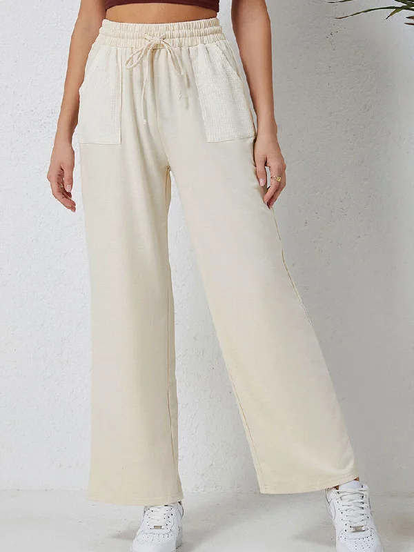 Shoreline Boutique Smocked Waist Drawstring Pocketed Pants Trendy Wide-Leg Pants