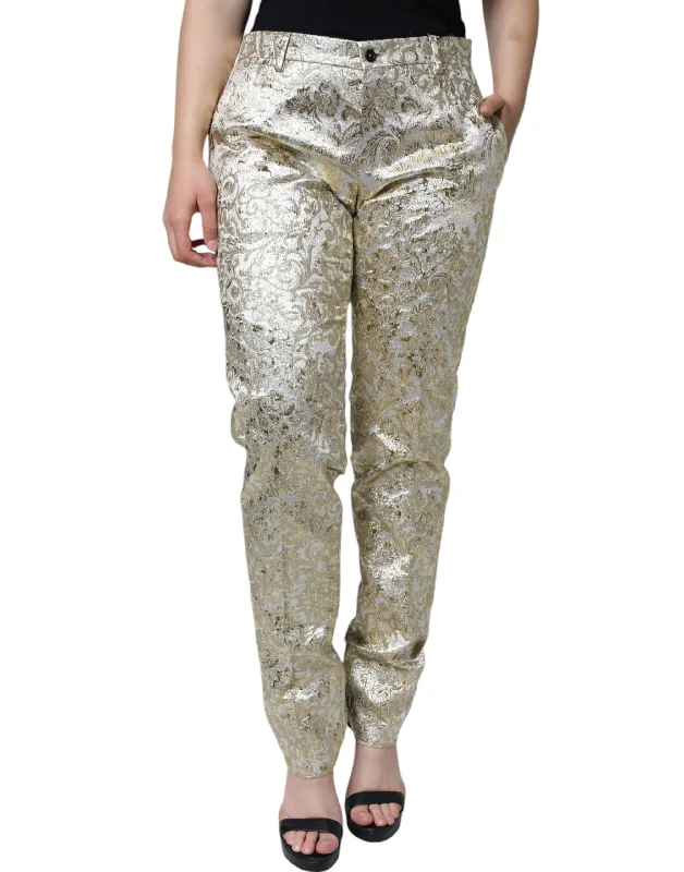 Gold Cotton Floral Jacquard Tapered Pants Cozy Lounge Pants
