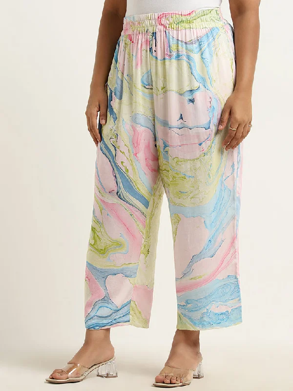 Diza Multicolour Marble Patterned High-Rise Ethnic Pants Stylish Slim Trousers