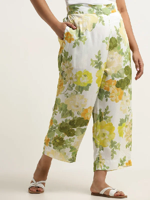 Diza Yellow Floral Printed Mid Rise Ethnic Pants Comfy Cargo Trousers