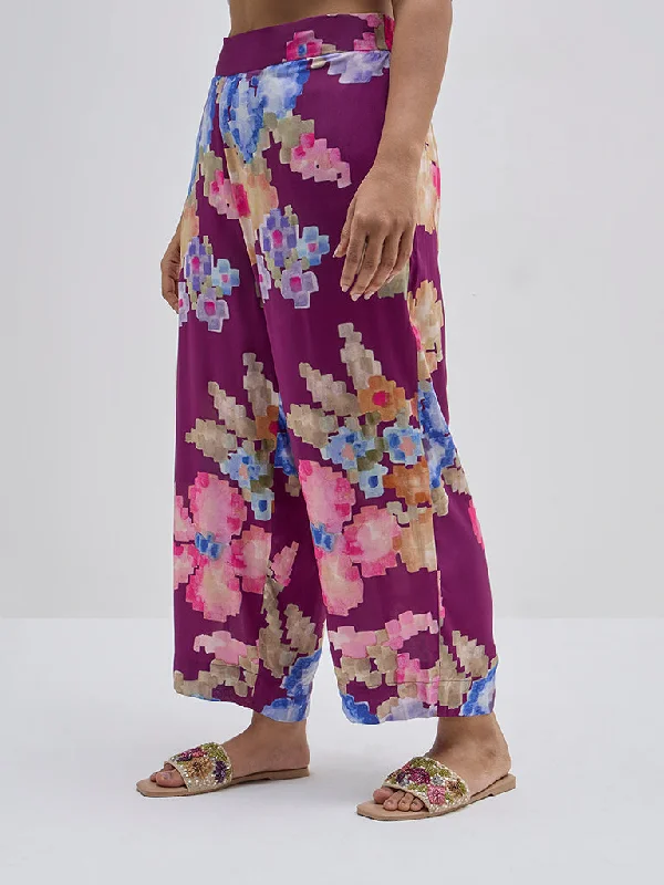 Diza Purple Floral Printed High-Rise Ethnic Pants Chic Wool Trousers