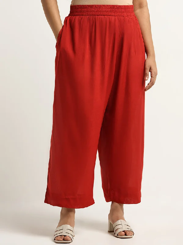 Diza Red Mid-Rise Wide-Leg Pants Comfortable Fleece Pants