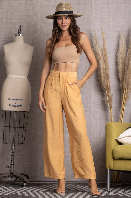 CARAMEL PLEATED LINEN WIDE LEG PANTS-VE60043BOT Classic Straight Pants
