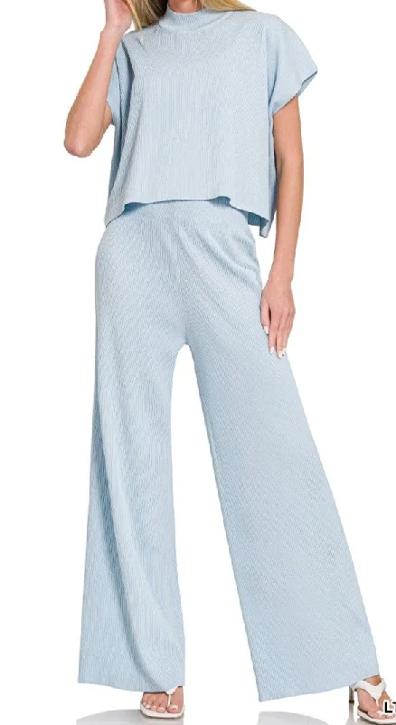 ribbed mock neck top with wide pant set Elegant High-Waist Pants