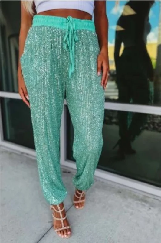 MINT SEQUIN HIGH WAISTED DRAWSTRING JOGGER PANTS SP19958 Comfy Athletic Pants