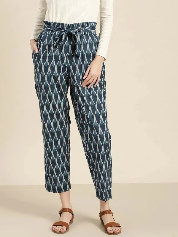 Navy Ikat Paper Bag Pants Relaxed Linen Pants