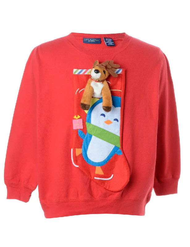 Label Novelty Christmas Sweatshirt Hoodie with Ribbed Cuffs Snug Fit Comfort