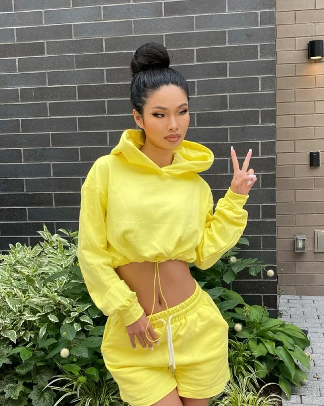 XXII Women's Crop Draw Cord Hoodie Yellow Hoodie with Belted Waist Structured Tailored XXII Women's Crop Draw Cord Hoodie Yellow Hoodie with Belted Waist Structured Tailored