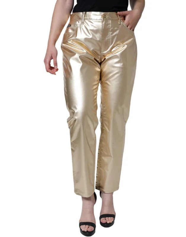 Metallic Gold Polyester Tapered Pants Elegant Dress Pants
