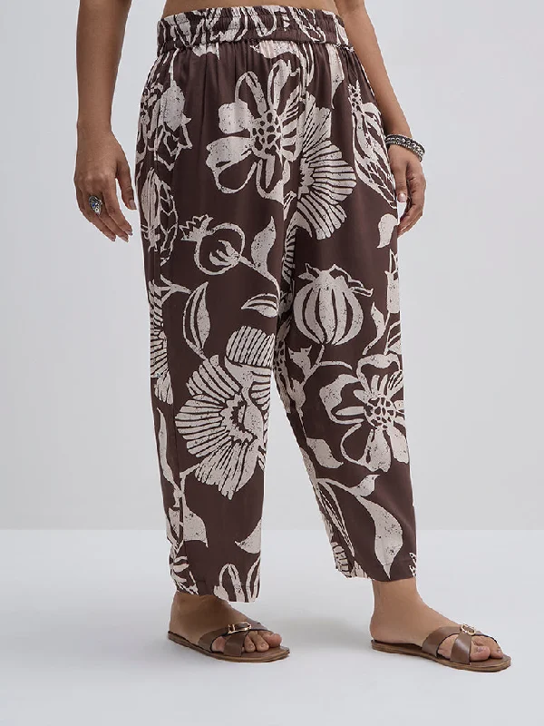 Diza Brown Floral Design High-Rise Ethnic Pants Relaxed Casual Leggings