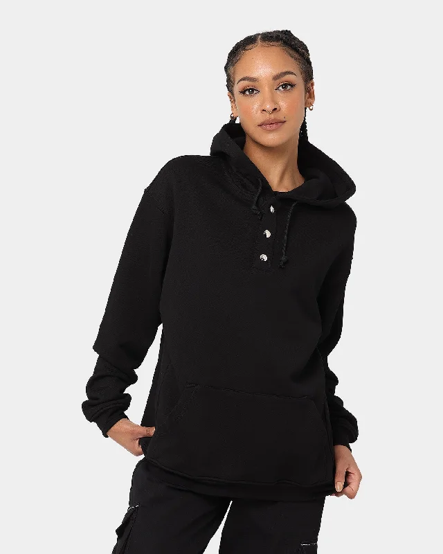 XXIII Snap Button Hoodie Black Hoodie with Zipper Placket Modern Functional