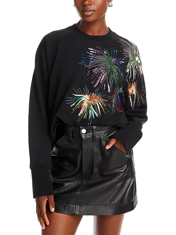 Womens Embellished Crewneck Sweatshirt Hoodie with Hem Frayed Vintage Worn