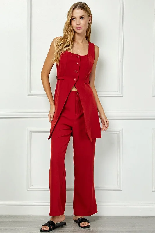 RUST SLEEVELESS SPLIT FRONT VEST AND MID-RISE PANTS SET AVV51141W Fashionable Jogger Pants RUST SLEEVELESS SPLIT FRONT VEST AND MID-RISE PANTS SET AVV51141W Fashionable Jogger Pants