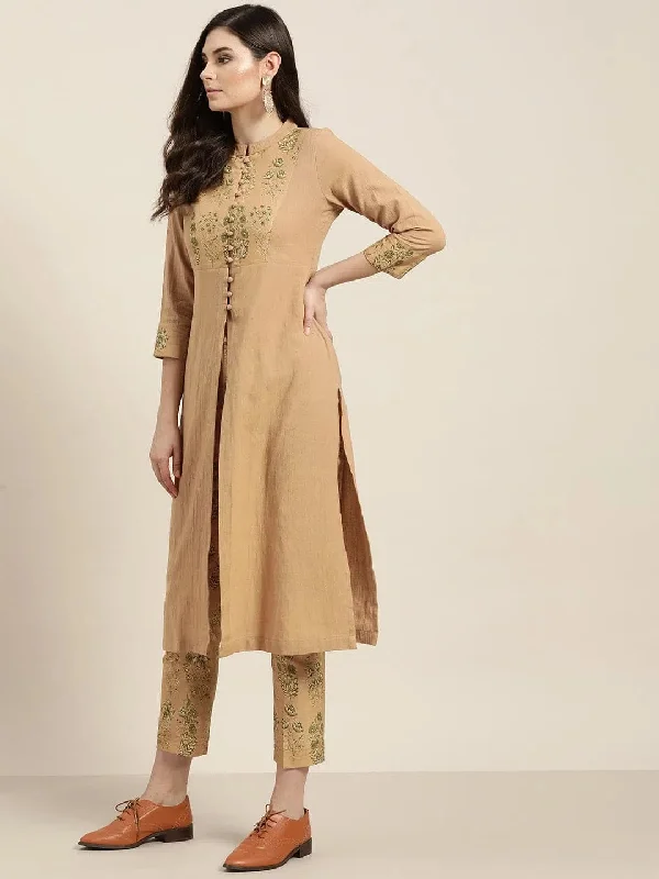 Beige Yoke Kurta With Floral Pencil Pants Lightweight Jogger Pants
