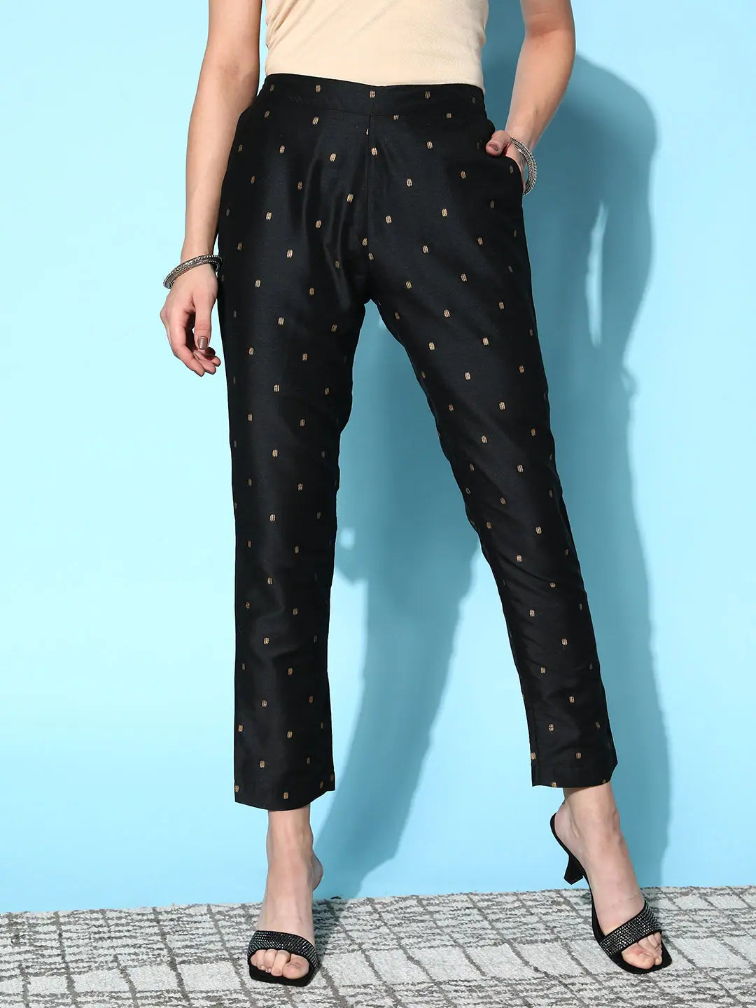 Women Black Cotton Silk Geo Foil Pencil Pants Soft Sweatpants Style