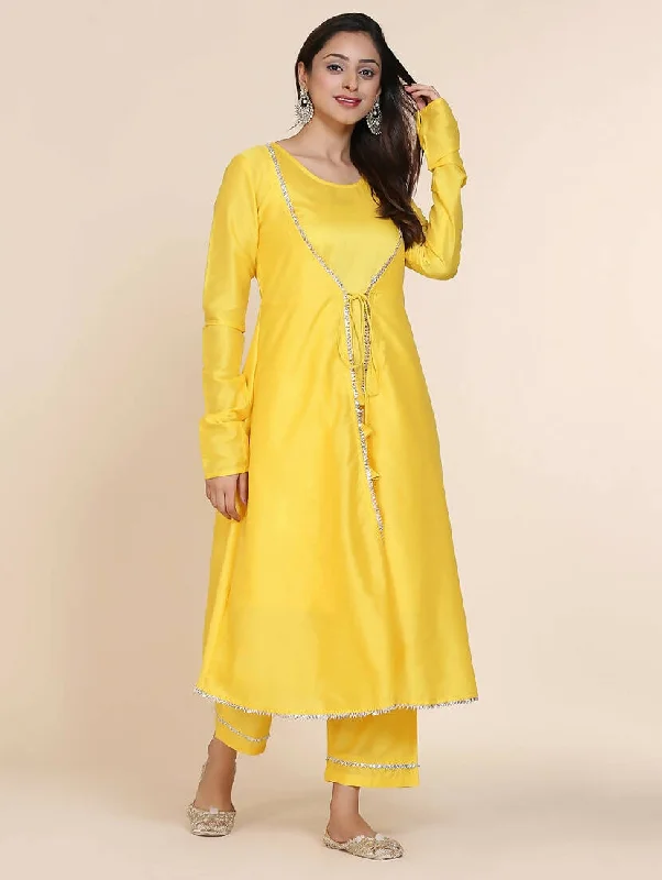 Cheera Women's Yellow Silk Blend With Gota Work Double Layer Dress With Silk Straight Pant Set Comfortable Maternity Pants