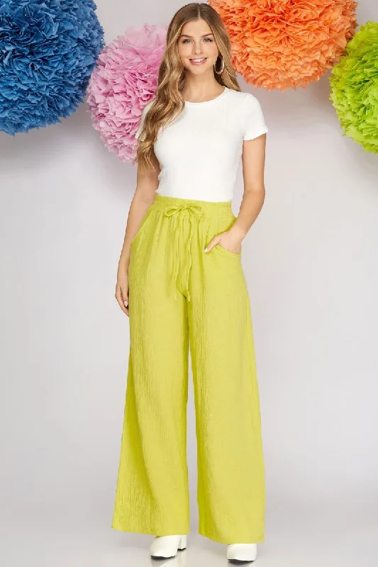 LIME DOUBLE GAUZE ELASTIC WAIST WIDE-LEG WOVEN PANTS S8SY3980 Trendy Palazzo Pants