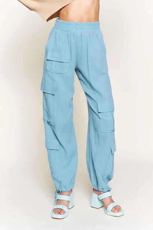 DUSTY BLUE LINEN WIDE LEG CARGO PANTS P9334 Classic Flared Pants