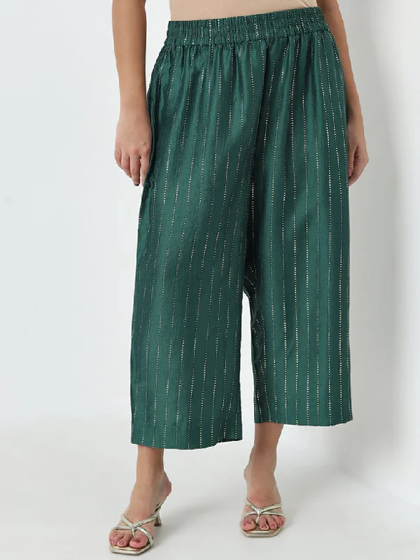 Diza Dark Green Striped Printed High-Rise Ethnic Pants Comfy Zip-Up Pants