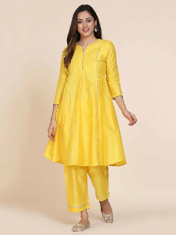 Cheera Women's Yellow Silk Blend With Gota Work Frock Dress With Silk Straight Pant Set Relaxed Lounge Trousers