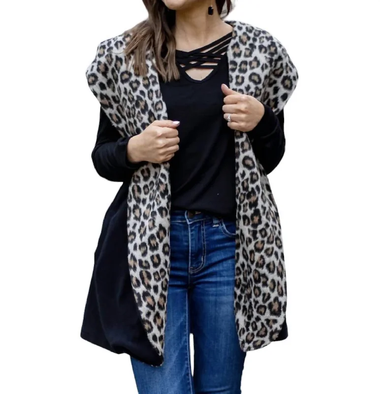 Warm & Together Vest Cardigan Hoodie In Black With Leopard Hoodie with Button Placket Classic Preppy Warm & Together Vest Cardigan Hoodie In Black With Leopard Hoodie with Button Placket Classic Preppy