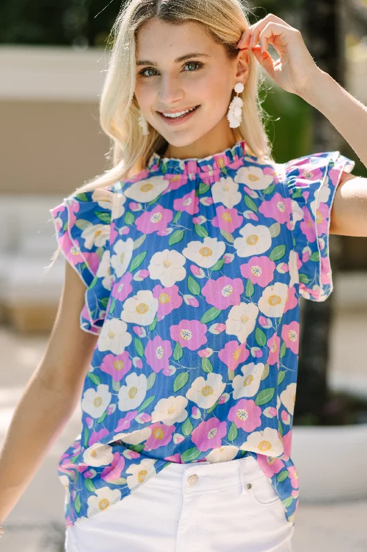 A True Beauty Blue & Pink Floral Blouse Stretchy Fitted Blouse