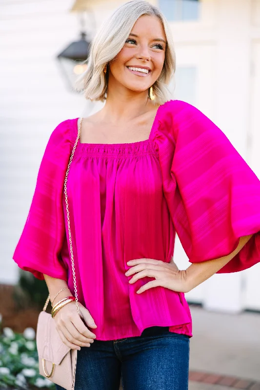 All For Love Magenta Pink Satin Striped Blouse Sweetheart Neck Blouse