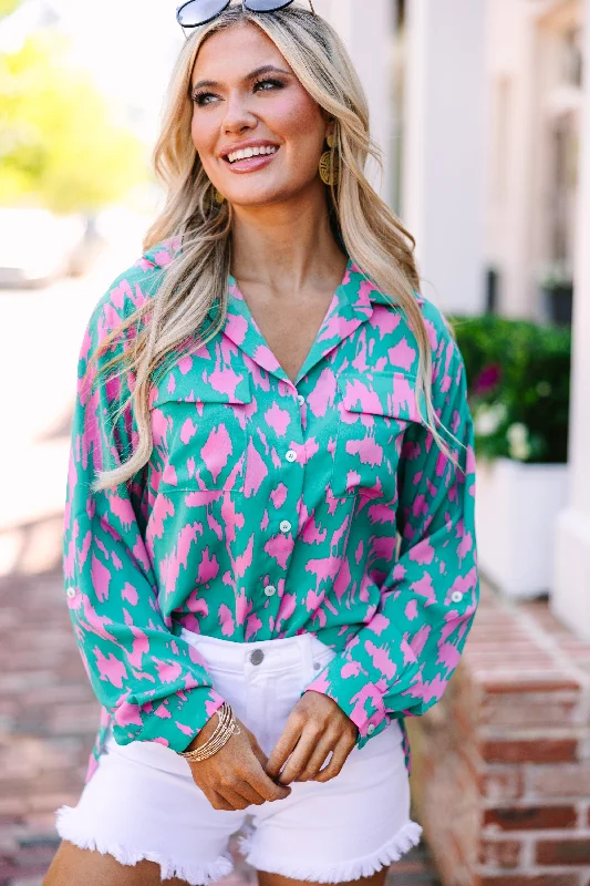 All The Good Emerald Green Abstract Blouse Silky Tunic Blouse