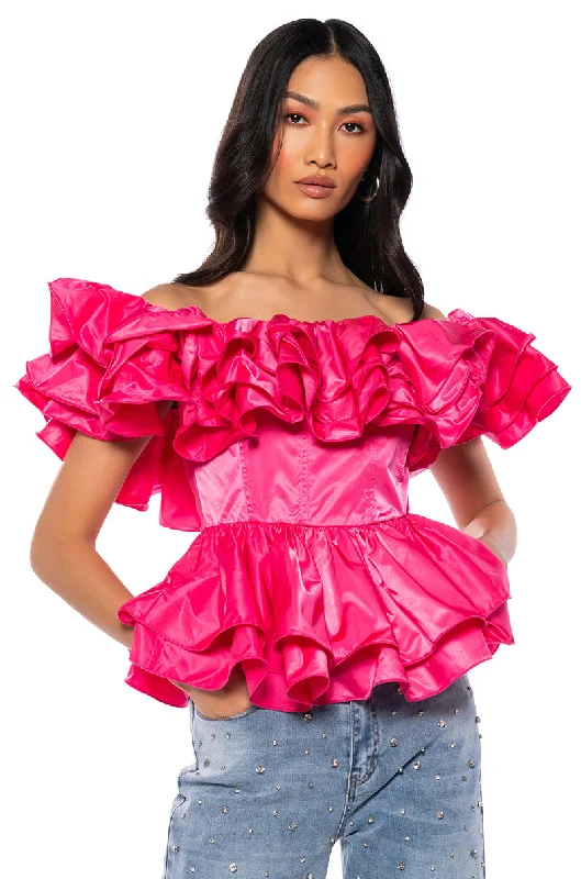 AMARI OFF THE SHOULDER RUFFLE PEPLUM BLOUSE Soft Satin Blouse