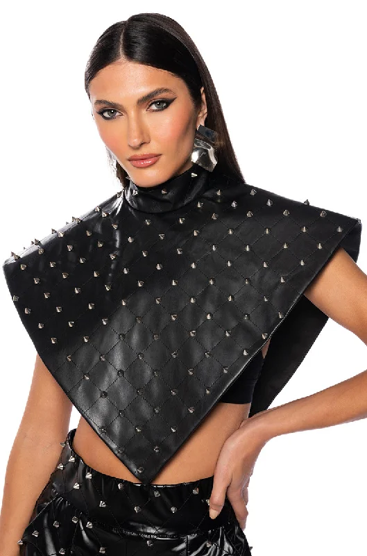 ARIA FAUX LEATHER STUD MOCK NECK TRIANGLE BLOUSE Stretchy Fitted Blouse