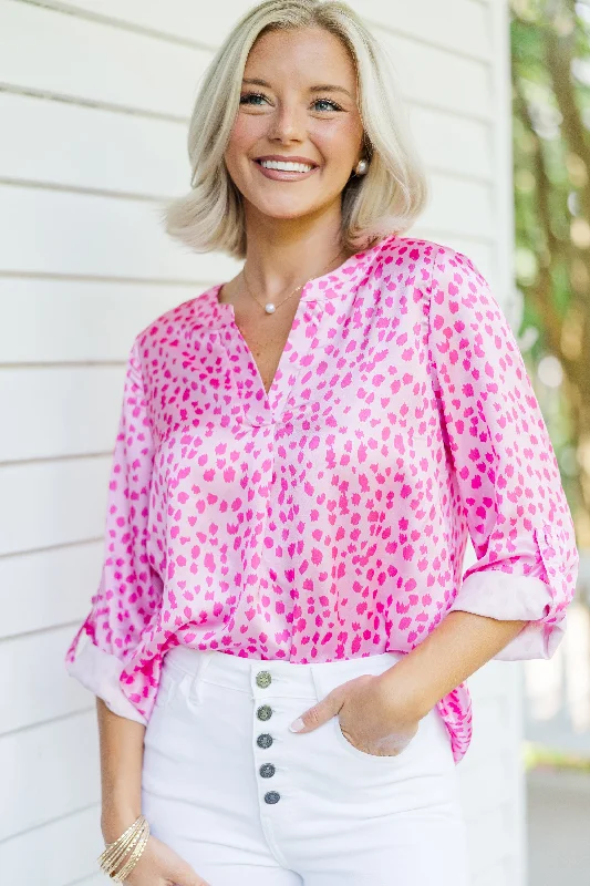 As Soon As Possible Hot Pink Spotted Blouse Versatile Layering Blouse