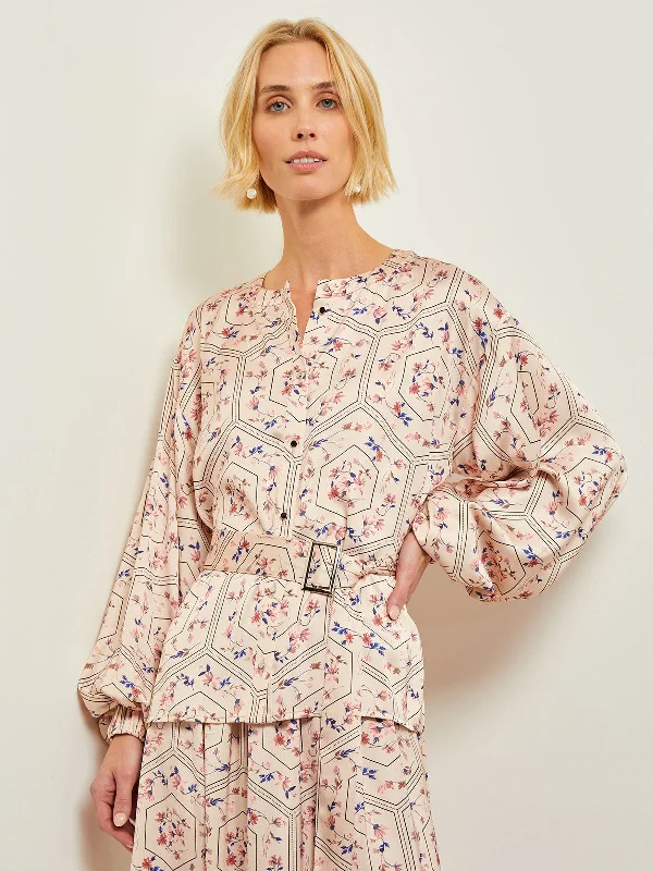 Balloon Sleeve Belted Blouse - Floral Print Crepe de Chine Bell Sleeve Blouse