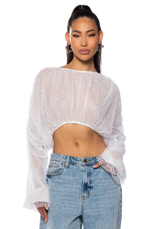 BELLE LONG SLEEVE SEQUIN MESH BLOUSE IN WHITE Delicate Pleat Blouse