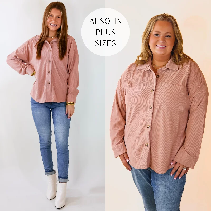 Captivating Cuteness Corduroy Button Up Shacket in Mauve Pink Cotton Casual Blouse