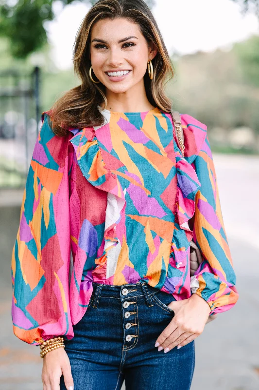 Carry Your Love Fuchsia PInk Abstract Blouse Pleated Collar Blouse