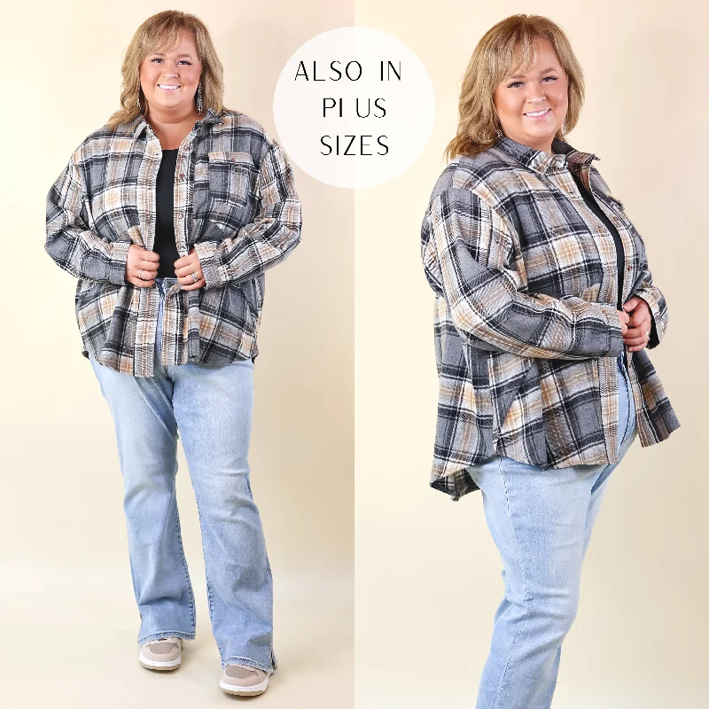 Coffee At Sunrise Button Up Plaid Shacket with Long Sleeves in Grey Business Casual Blouse