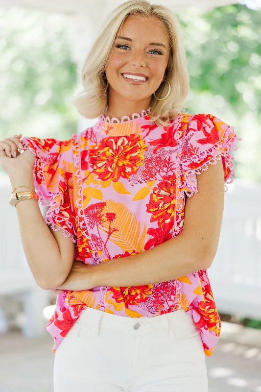 Confess Your Love Pink Floral Blouse Chic Ruffle Blouse