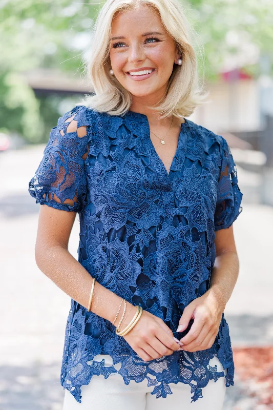 Detailed Dreams Navy Blue Lace Blouse Drape Neck Blouse