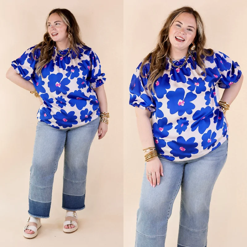 Divine Design Floral Blouse With Puffed Sleeve and Ruffle Neckline in Cobalt Blue Feminine Tie Blouse