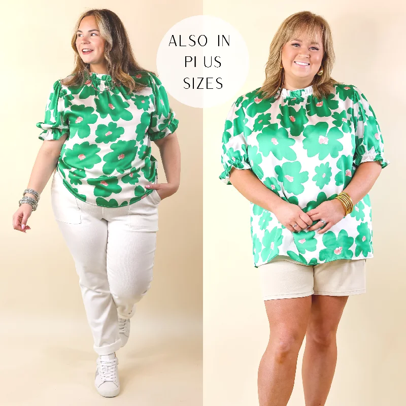 Divine Design Floral Blouse With Puffed Sleeve and Ruffle Neckline in Green Bell Sleeve Blouse