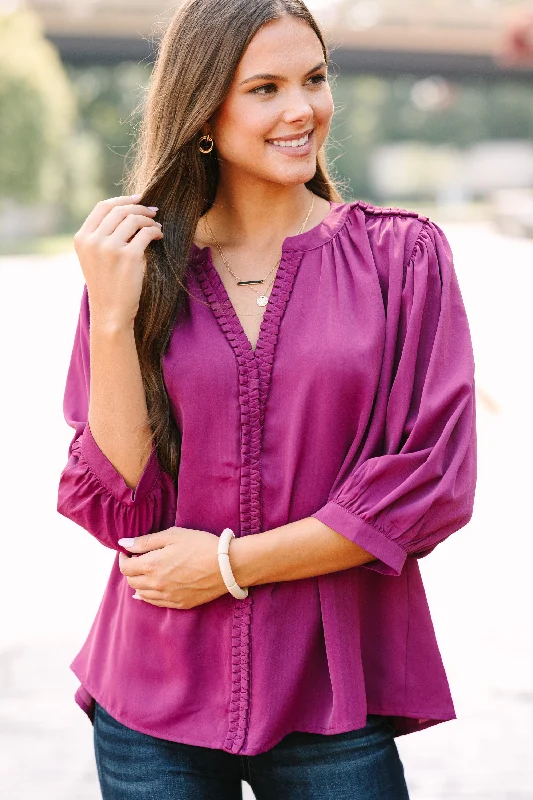 Easy Days Ahead Plum Purple Textured Trim Blouse Business Casual Blouse