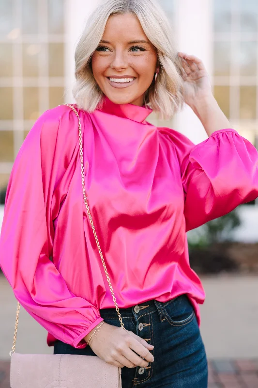 Embrace The Joy Fuchsia Pink Satin Blouse Elegant Embroidery Blouse