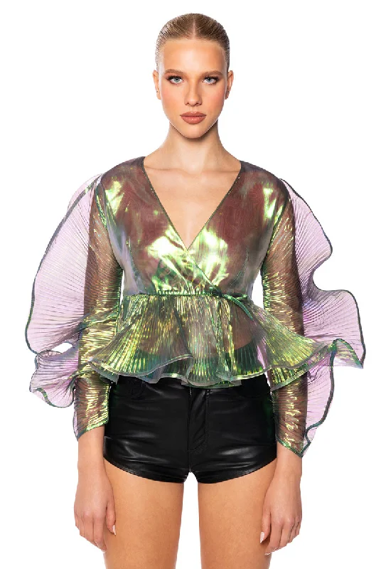 ETHEREAL PLEATED PEPLUM WRAP BLOUSE Elegant Silk Blouse