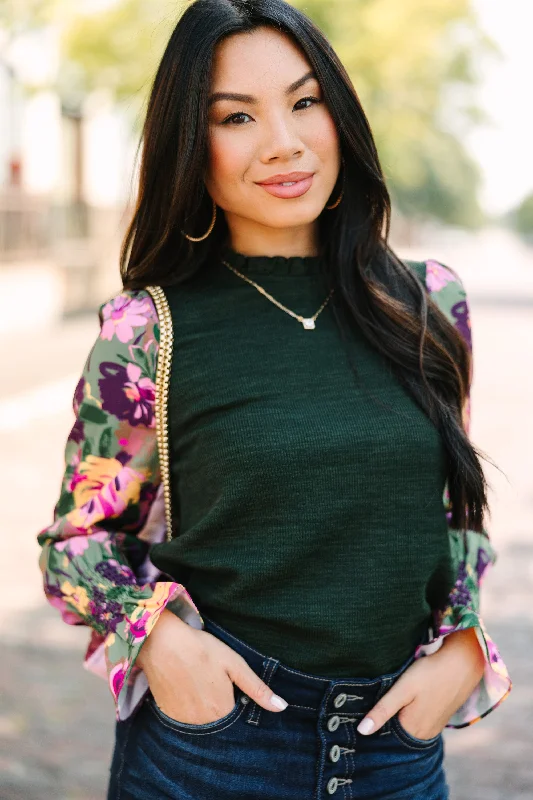 THML: Everyday Joy Green Floral Blouse Silky Tunic Blouse