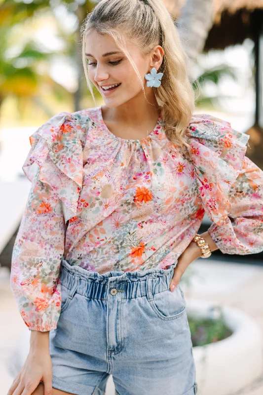 Feeling At Peace Pink Ditsy Floral Blouse Sheer Sleeve Blouse