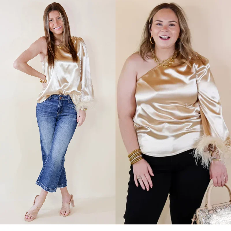 Full On Fashionista One Shoulder Satin Blouse with Feather Trim in Champagne Versatile Layering Blouse