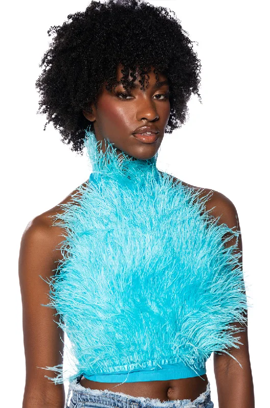 GENUINE OSTRICH FEATHER SLEEVELESS CROPPED HALTER BLOUSE IN BLUE Collared Satin Blouse